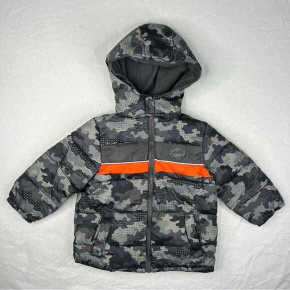 iXtreme Boys Camo Puffer Jacket Hood Fleece Lined Rubber Patch Size 2T Gray - Picture 1 of 6
